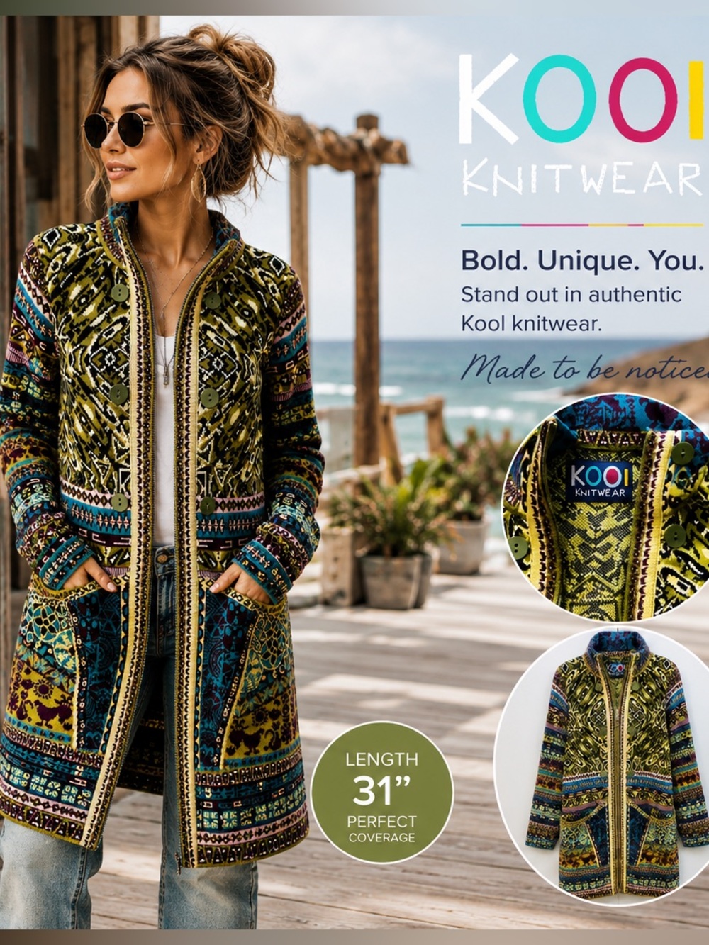 KOOI Knitwear Long Sweater Jacket Cardigan Boho Artwear S/M